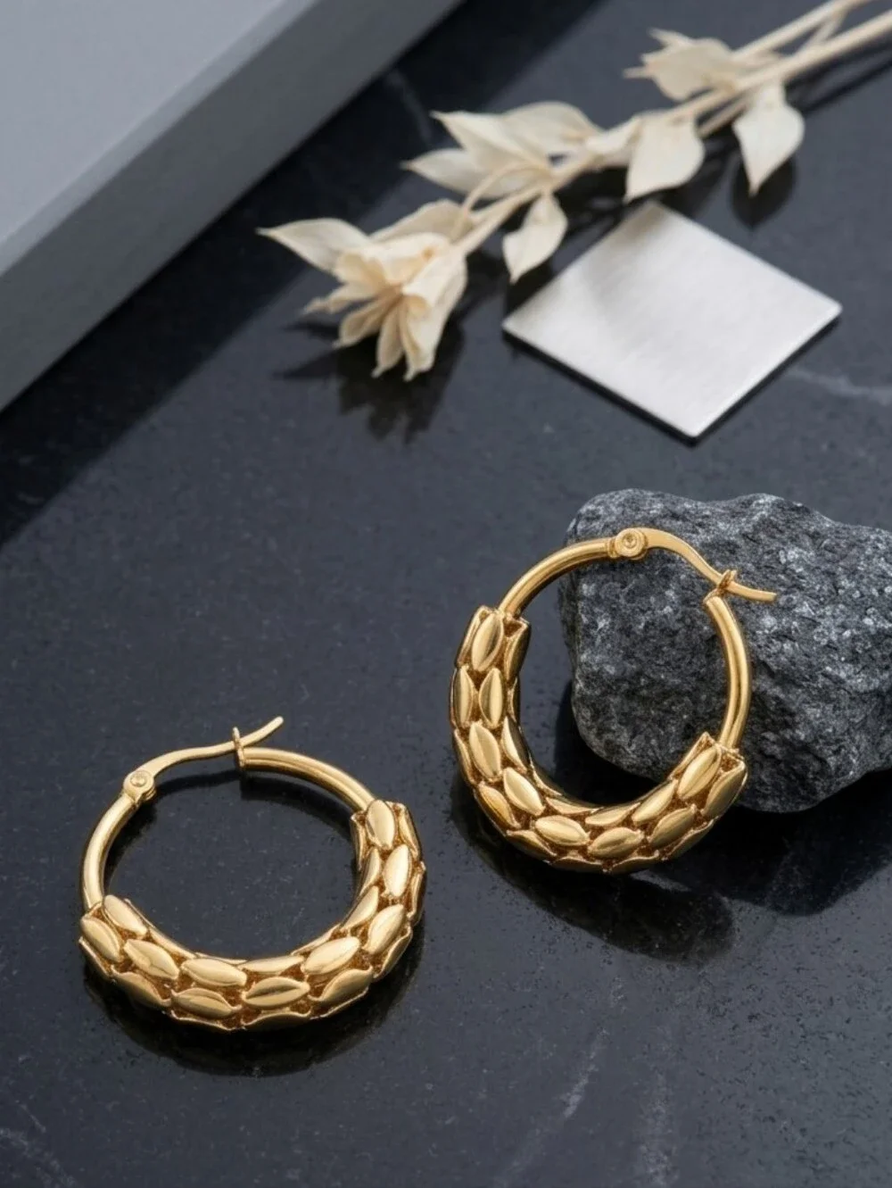 Textured Mesh Hoop Earrings 18K Gold Plated Stainless Steel Non-Tarnish Chunky